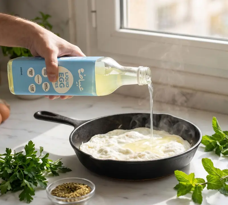 A hand pouring 3abayad egg whites into a cast-iron pan in a sunny kitchen