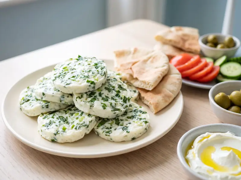 A stack of small white ijjeh patties full of chopped parsley, mint and spring onion, with pita, tomatoes, olives and labneh