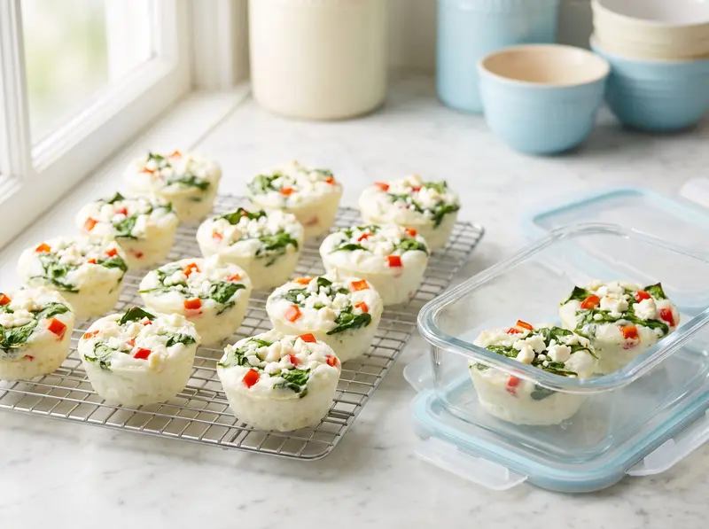 Twelve white egg-white muffins with spinach, feta and red pepper on a cooling rack and in a glass meal-prep box