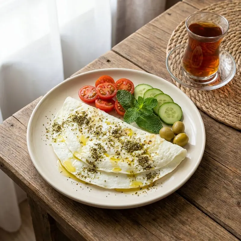 Fluffy white egg-white omelette with za’atar, olive oil, tomatoes, cucumber and mint on a Lebanese breakfast table