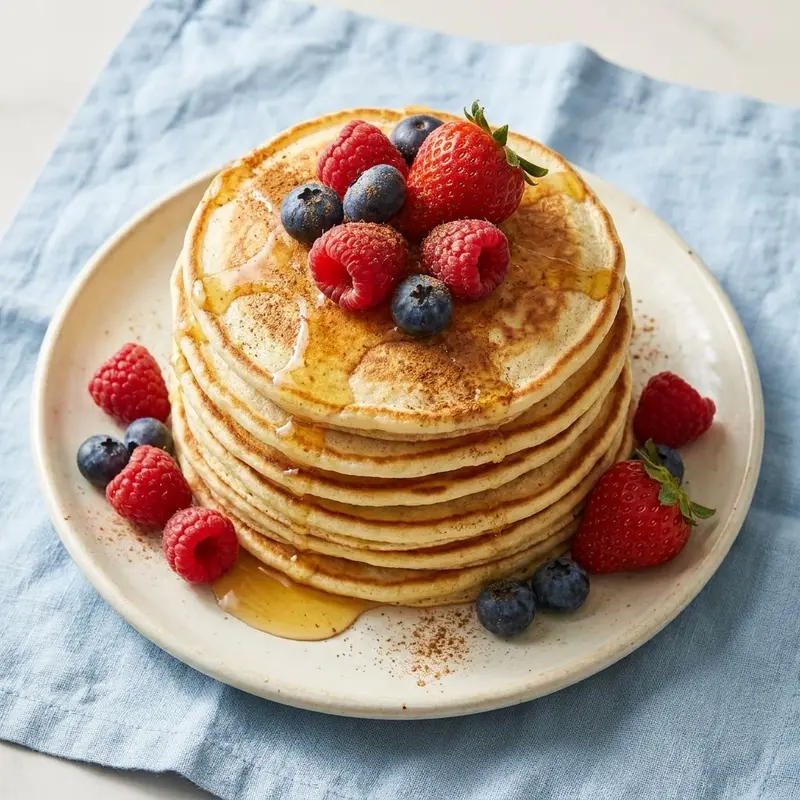 Tall stack of protein pancakes with berries and honey