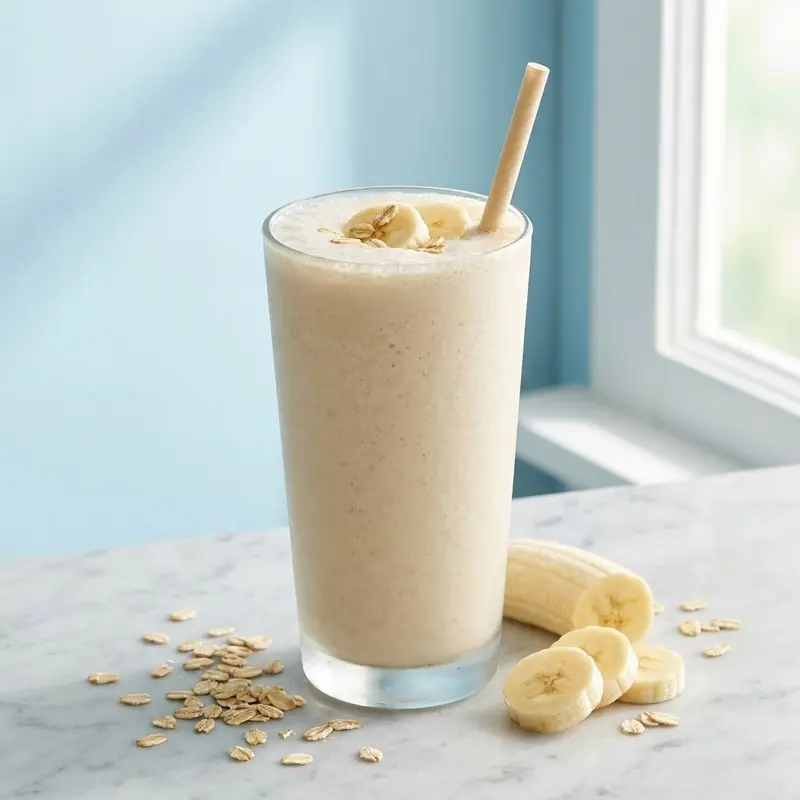 Tall protein shake with a paper straw next to banana slices and oats