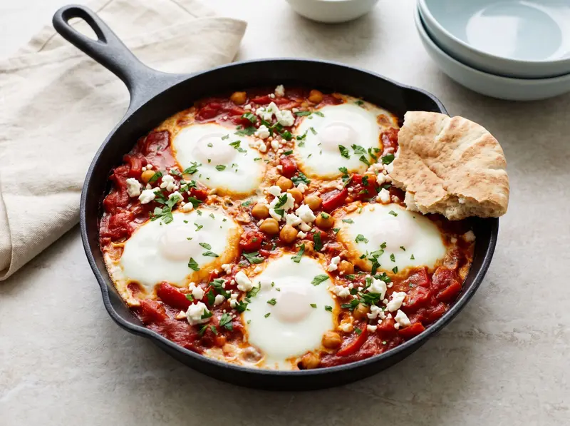 Cast-iron pan of red tomato and pepper shakshuka with chickpeas, set white egg whites, feta and parsley, and pita on the side