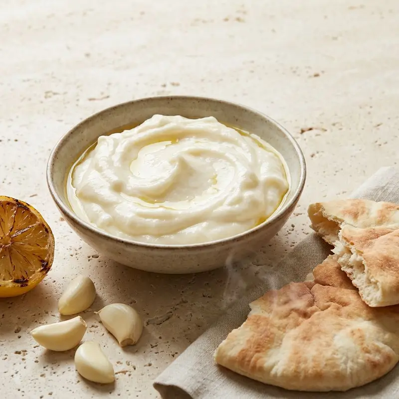 Bowl of fluffy white toum garlic sauce with garlic cloves, lemon and pita